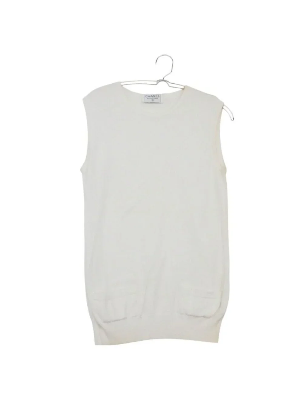 Chanel Knit Bag CC Logo Embroidery Sleeveless Pullover Lightweight Top White